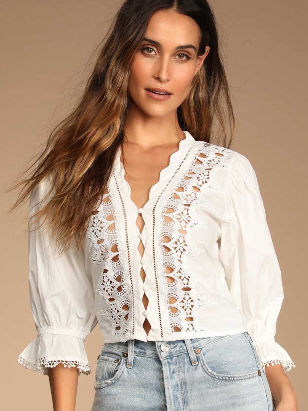Free People XS Lace Eyelet Trim Cotton Blouse Boho Ethereal Whimsical Fairy